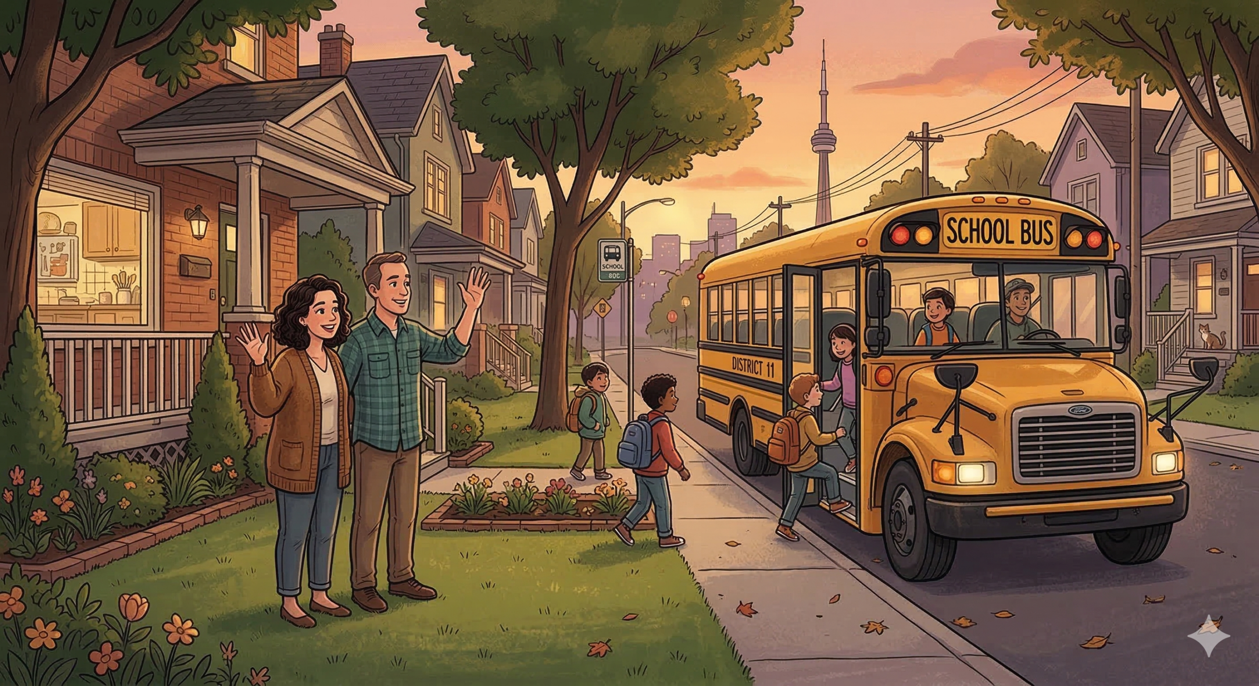 The Dual-Income Advantage: How GTA Families Can Strategically Upsize 2 Parents waving children onto a school bus.