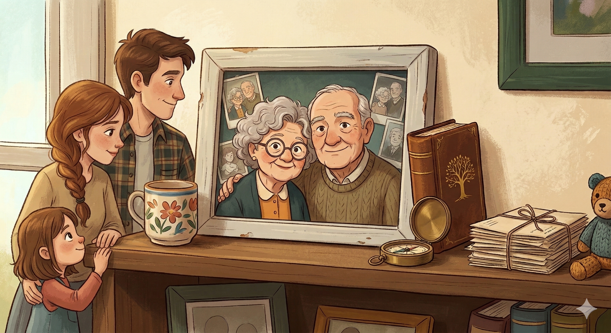 Buying a Home With an Inheritance: How Upsizing Families Turn a Windfall Into a Long-Term Home 1 A family looking at a photo of elderly people on a mantle.