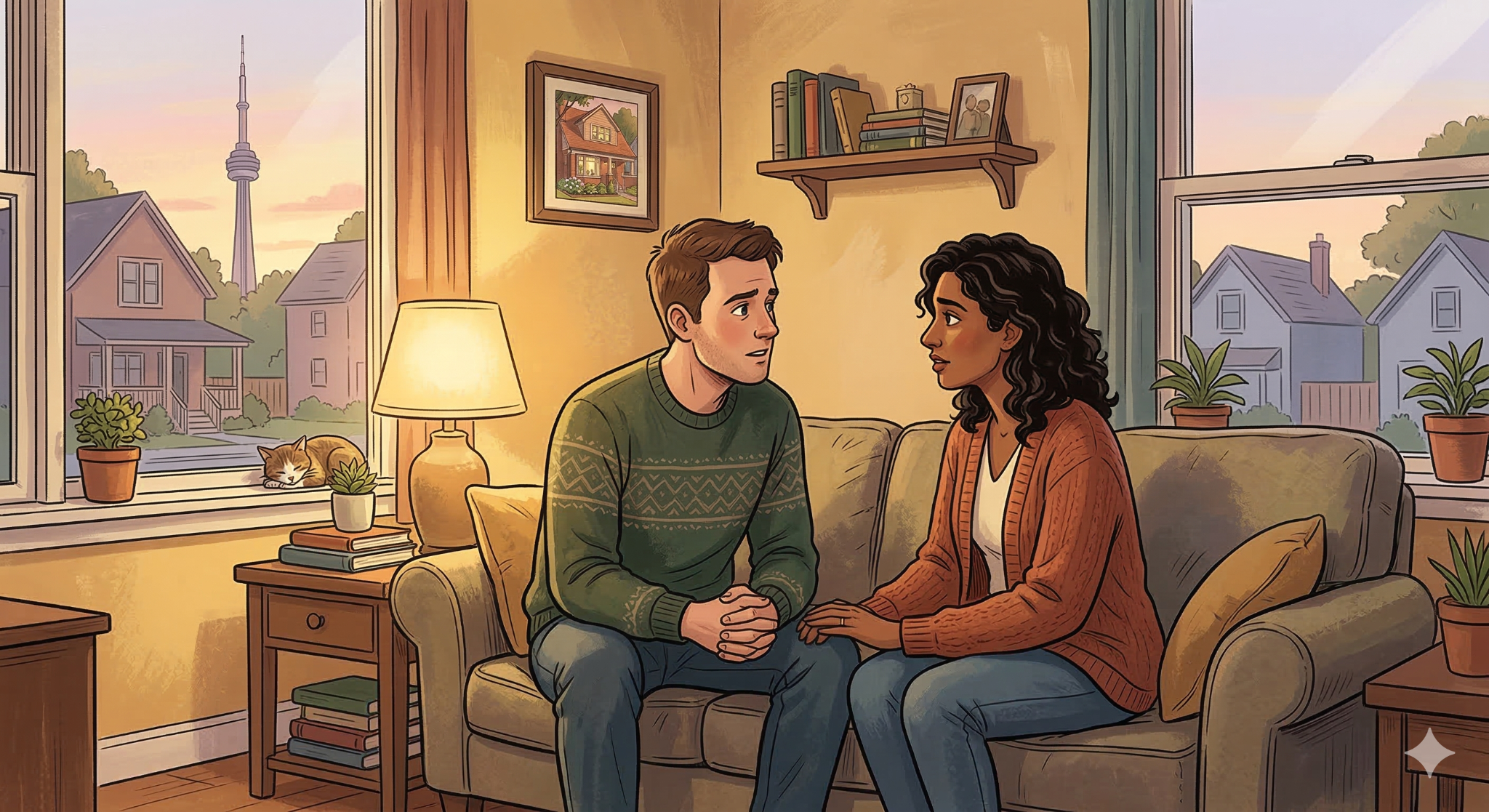 From Two Homes to One: How GTA Couples Can Seamlessly Consolidate and Upsize 1 A couple sitting on a couch having a serious conversation.