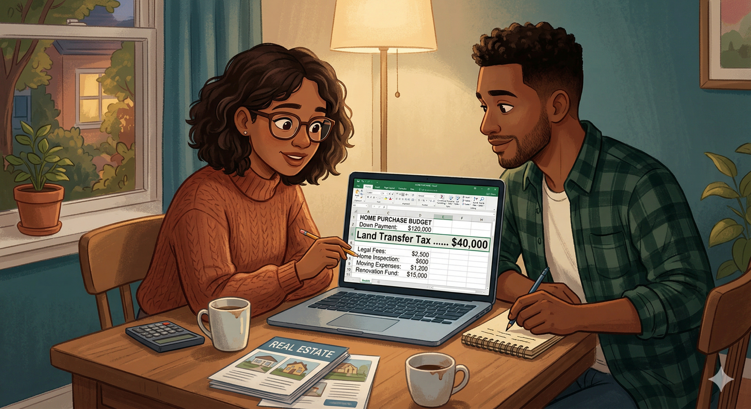 Land Transfer Tax in Toronto: What Upsizing Families Need to Budget For 1 Couple working on a spreadsheet for a home budget.,