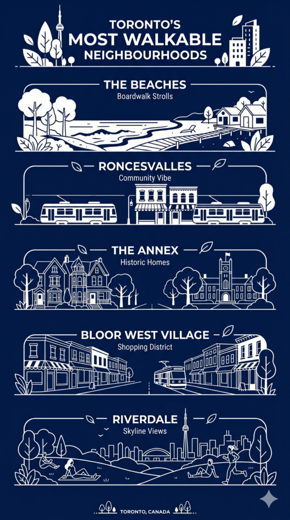 Toronto's Most Walkable Neighbourhoods for Families: Where Space and Walkability Meet 1 Infographic on Toronto's most walkable neighbourhoods.
