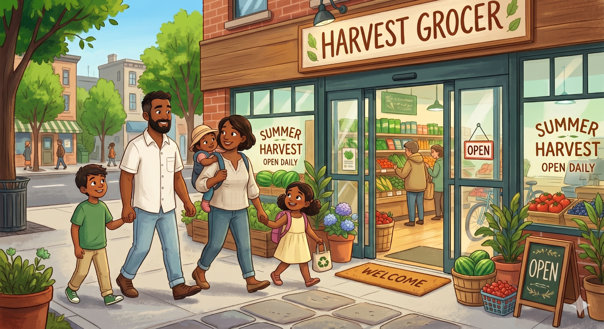 Toronto's Most Walkable Neighbourhoods for Families: Where Space and Walkability Meet 2 A family walking into a grocery store.