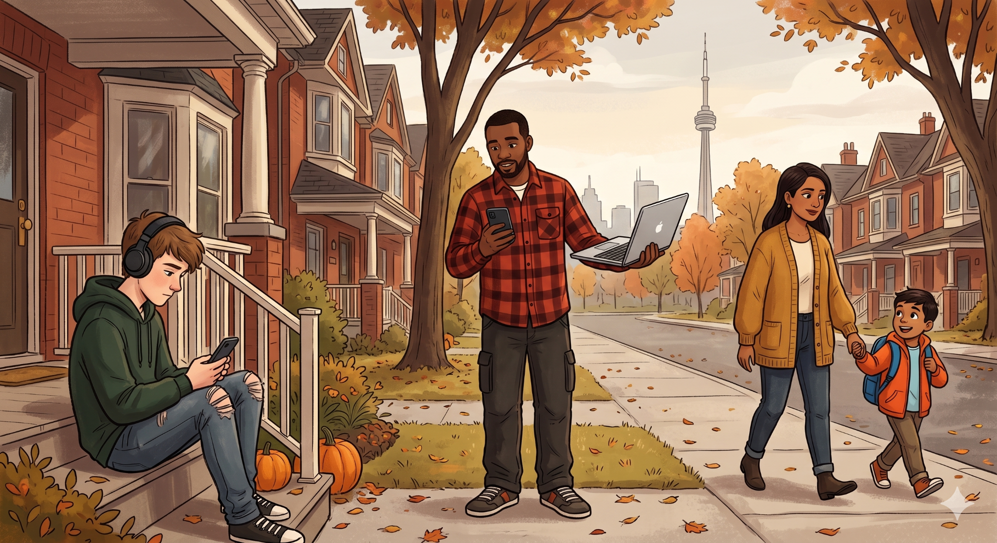 Toronto's Housing Mix: What Detached, Semi, and Townhouse Actually Mean for Families 2 People standing in a Toronto neighbourhood doing various activities.