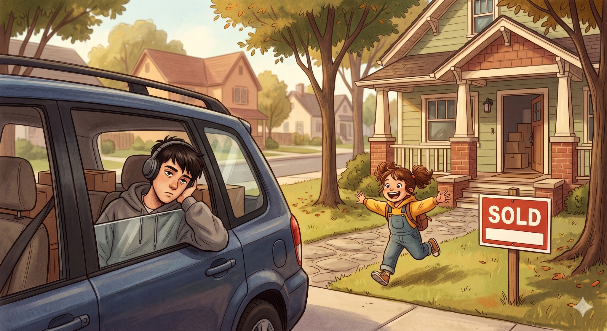 The Best Time to Move With Kids: Summer vs. September & Which Is Actually Better 1 A teenager looking uninterested in a car with a happy child running towards him.