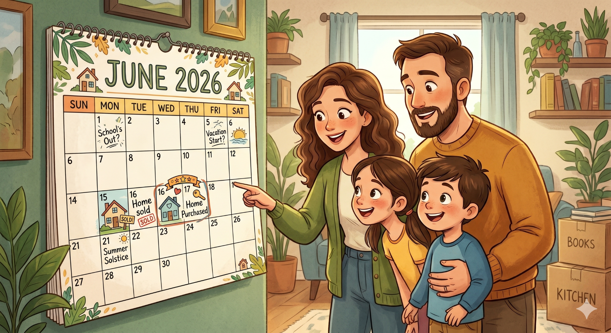 What a Real Estate Lawyer in Toronto Does When You Upsize 1 A family looking at their calendar and moving dates in June.