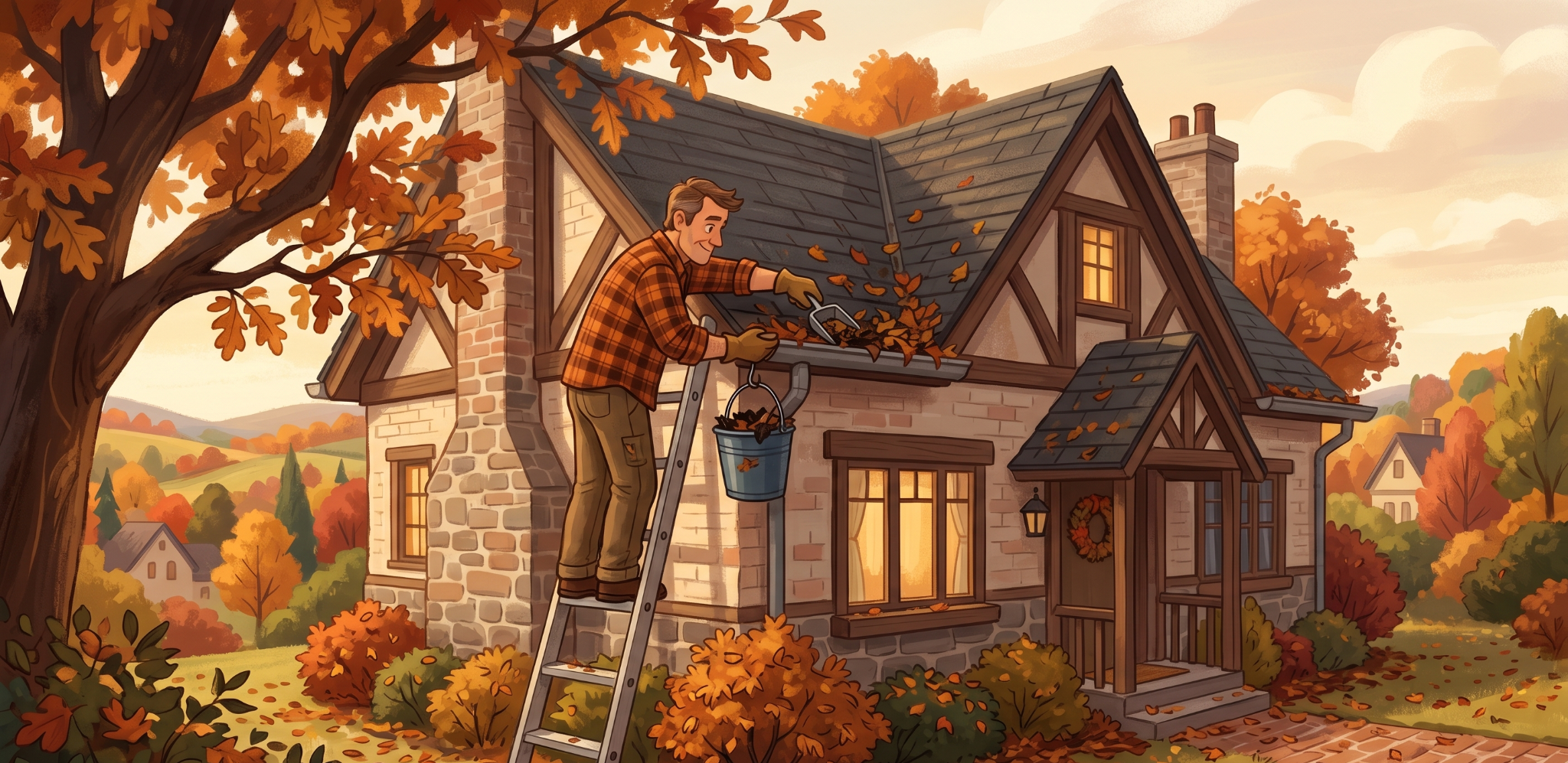 What a Ravine Lot in Toronto Actually Costs You (Beyond the Purchase Price) 2 A man cleaning gutters in the fall.
