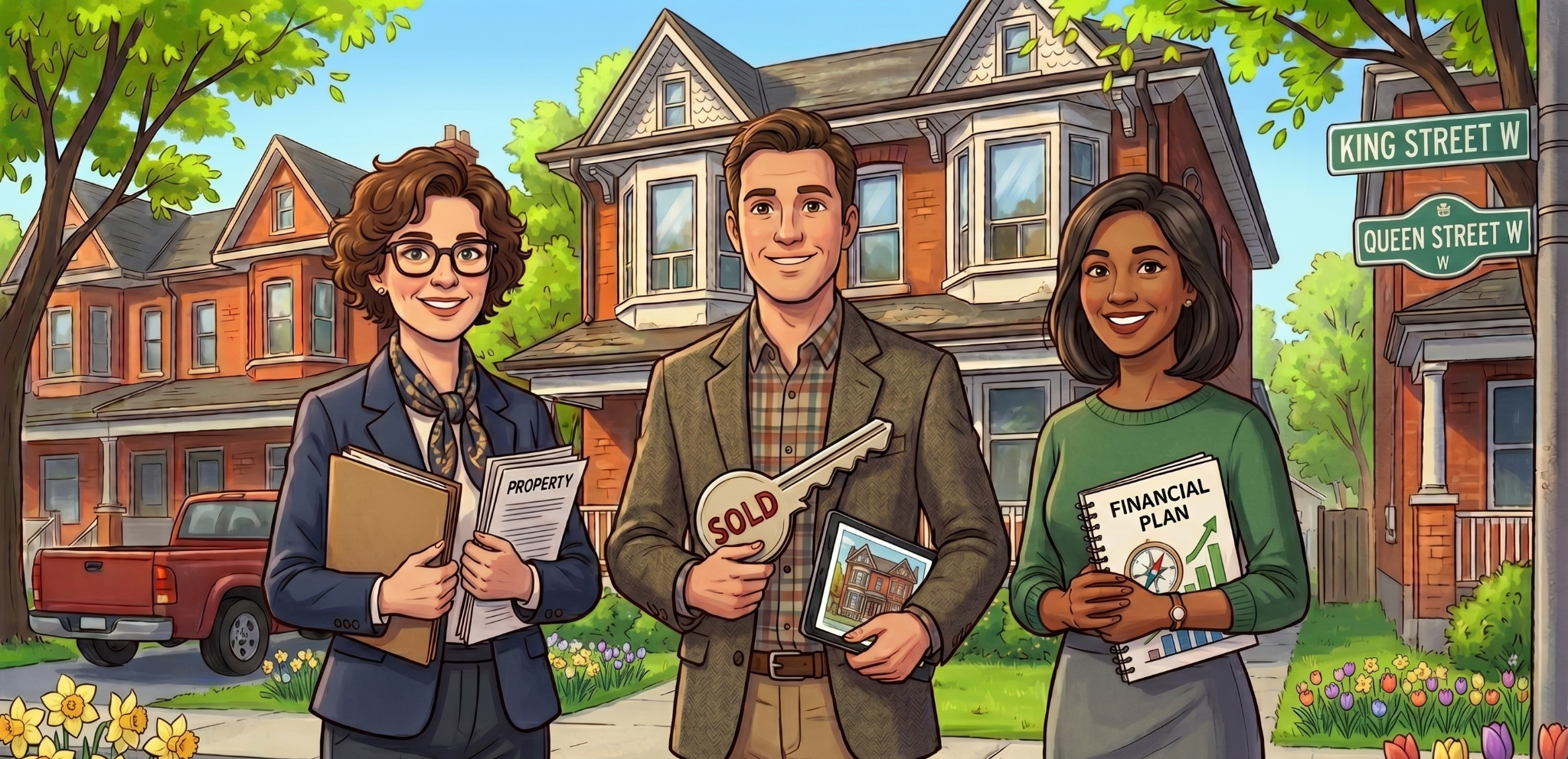 How a Financial Advisor Can Help Your Family Upsize With Confidence 2 A financial advisor, real estate agent and lawyer standing side by side outside of a row of homes.