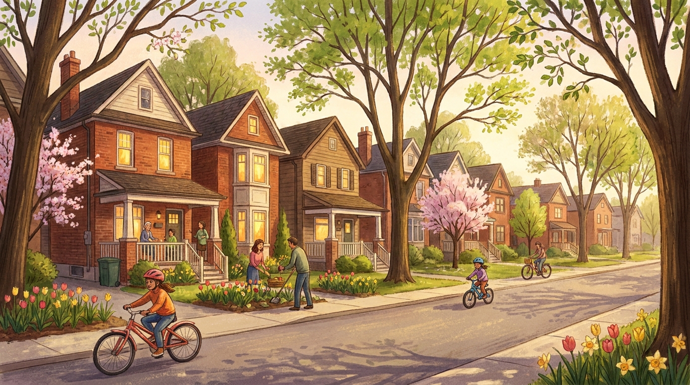 Tree-lined east Toronto street with detached family homes upsizing buyers favour - bank of canada rate blog