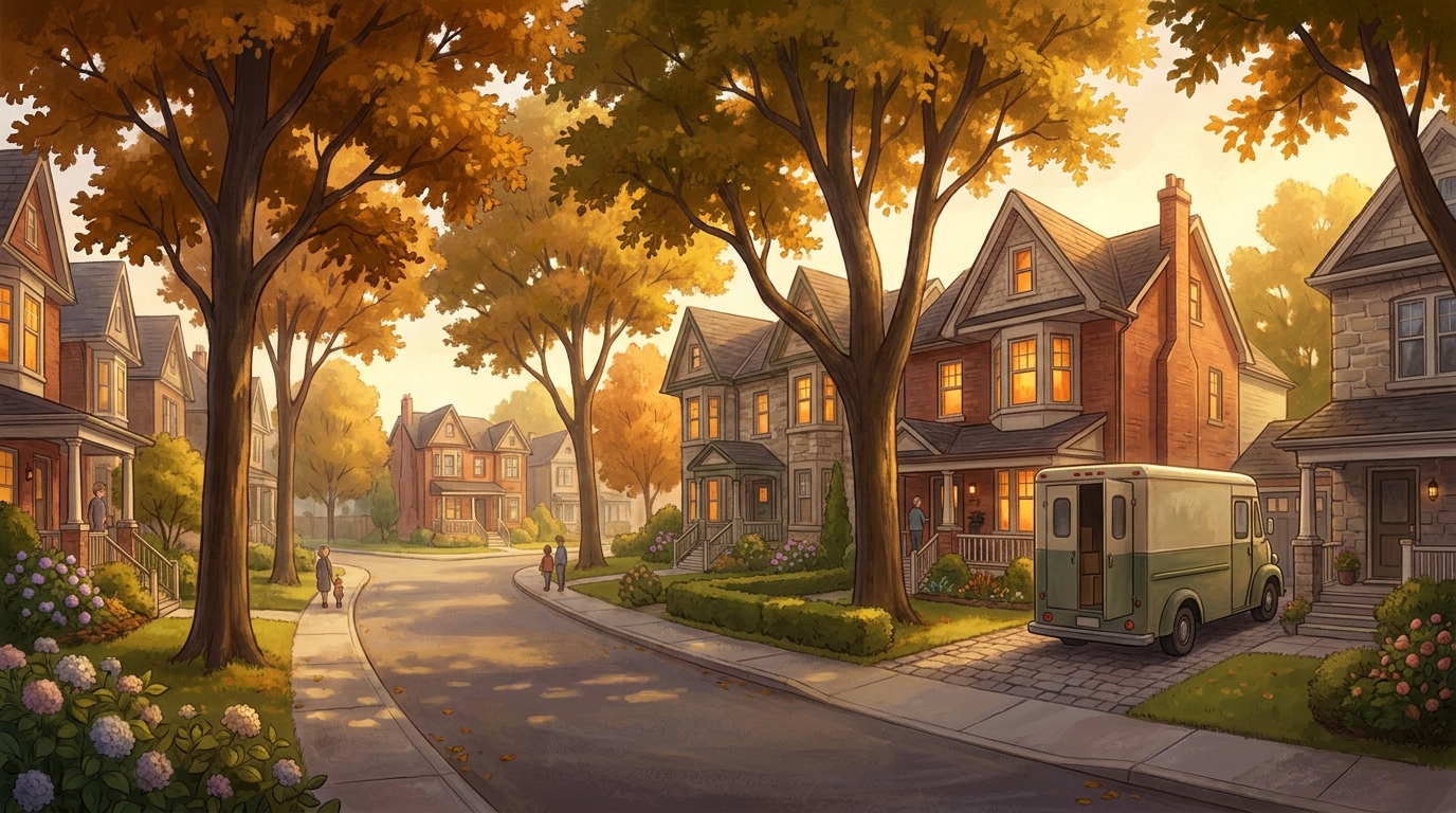 Toronto family neighbourhood with detached and semi-detached homes on a tree-lined street at golden hour - buy first or sell first