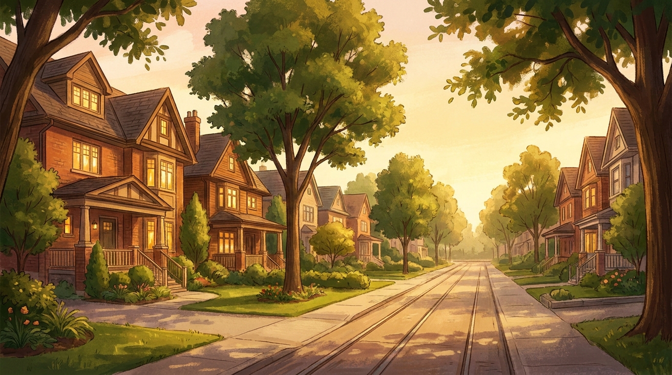 Quiet tree-lined Toronto residential street with upscale detached family homes at golden hour - off market listings in Toronto