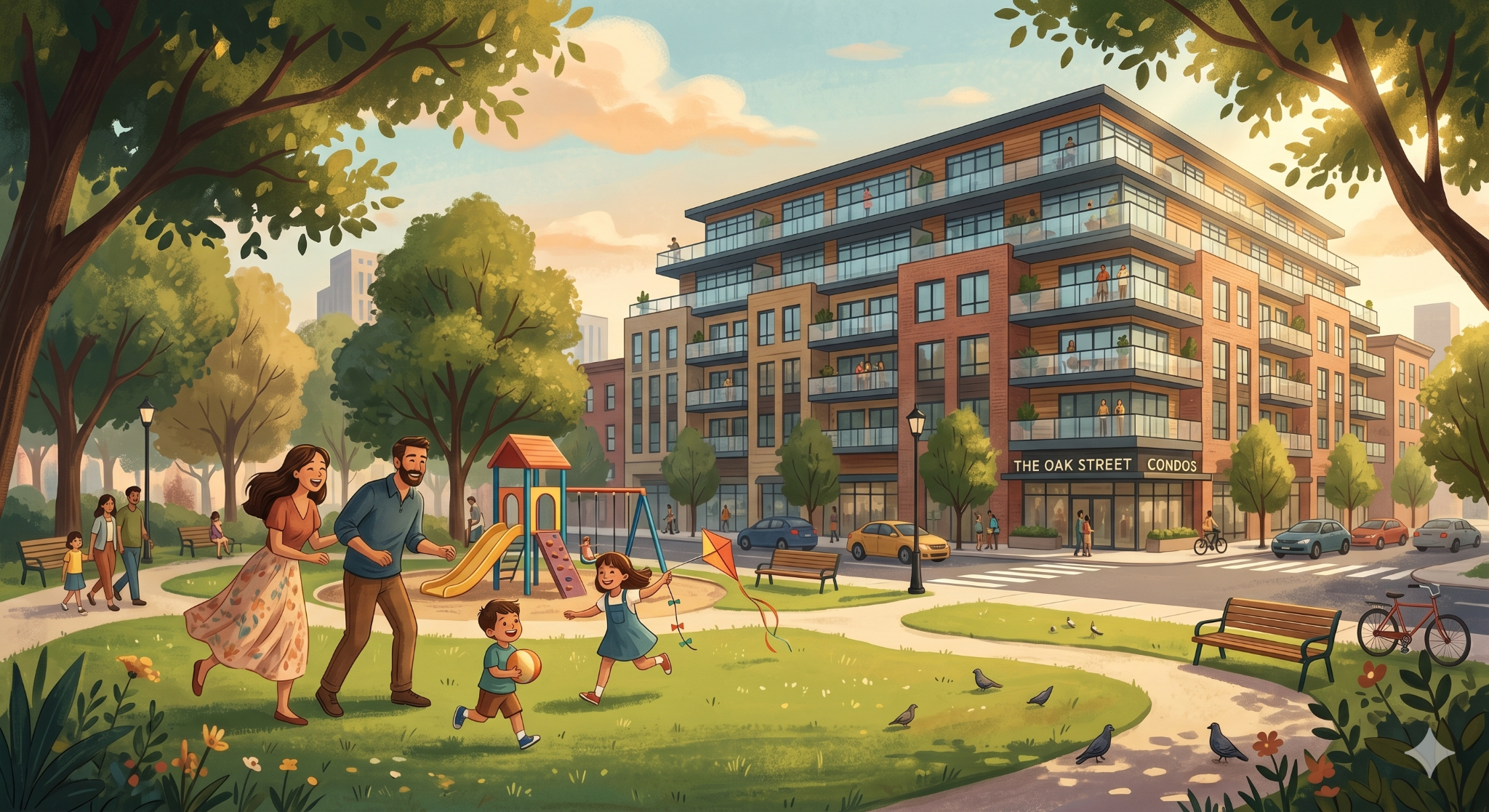 Buying a Condo in Toronto: How to Know If the Timing Is Right for Your Family 2 Family playing in a park with a condo in the background.