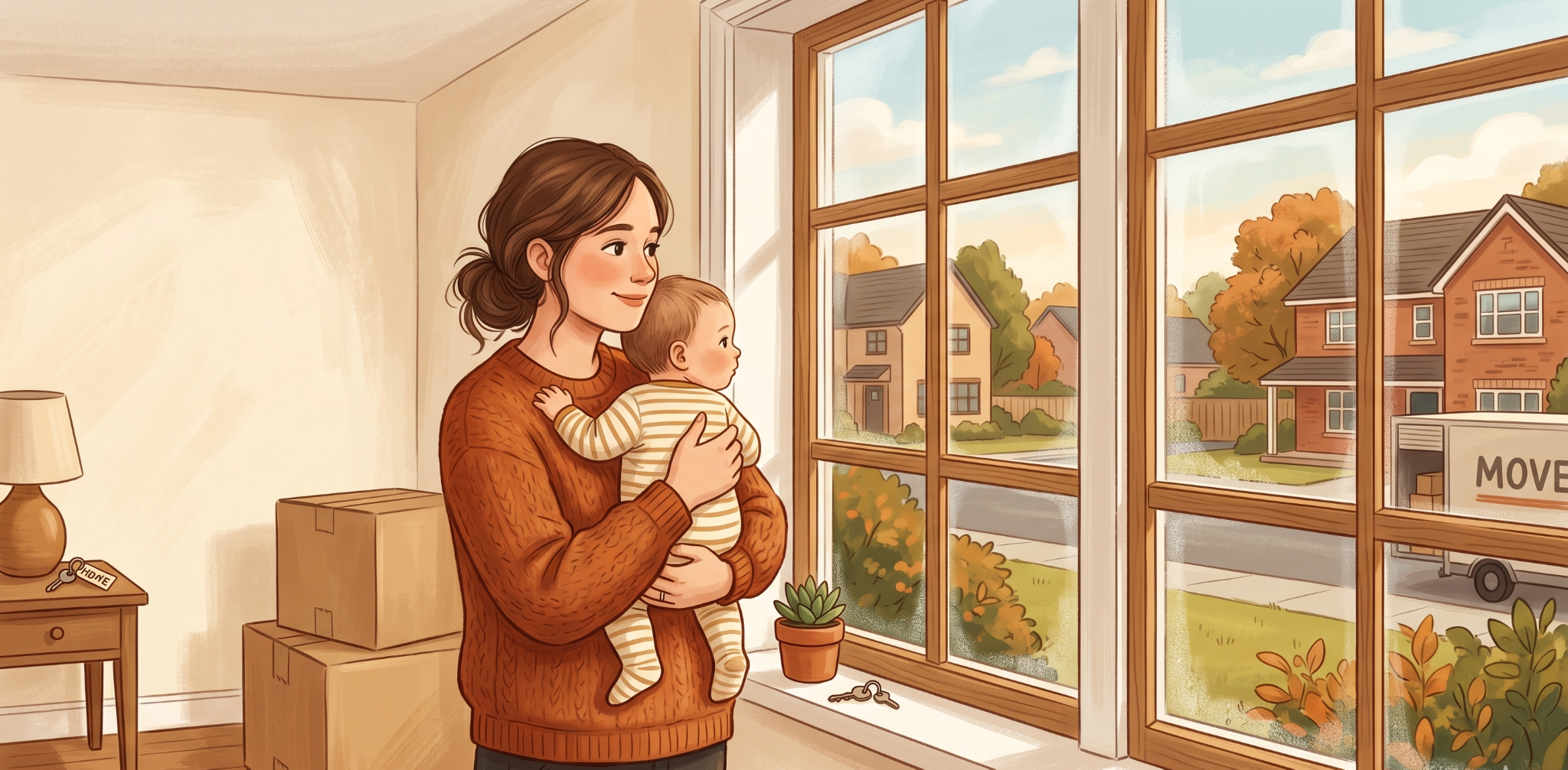 Toronto Homes With Privacy: What Upsizing Families Should Look for in Their Next Home 1 Woman holding a baby looking outside of a window.