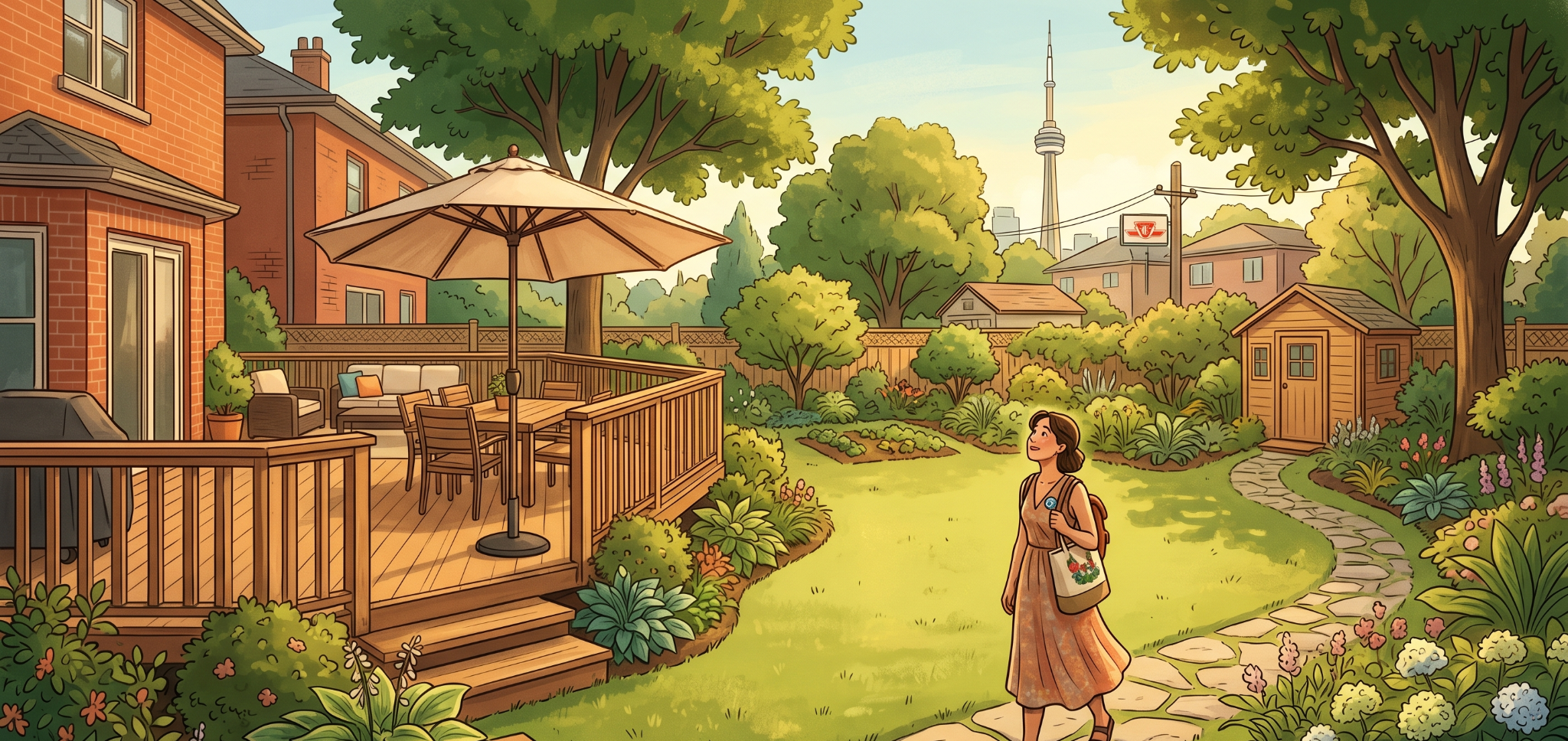 How to Find Homes With a Large Backyard in Toronto That Fit Your Family's Next Chapter 3 A woman walking through a backyard in toronto.