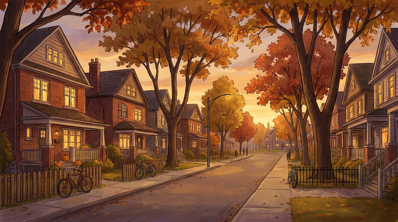 Quiet tree-lined east-end Toronto street with detached family homes at dusk - Is off-market real estate legit blog