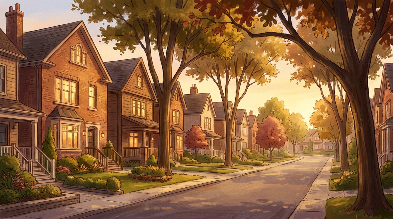 Quiet tree-lined Toronto residential street with detached family homes at golden hour - off market vs mls in toronto