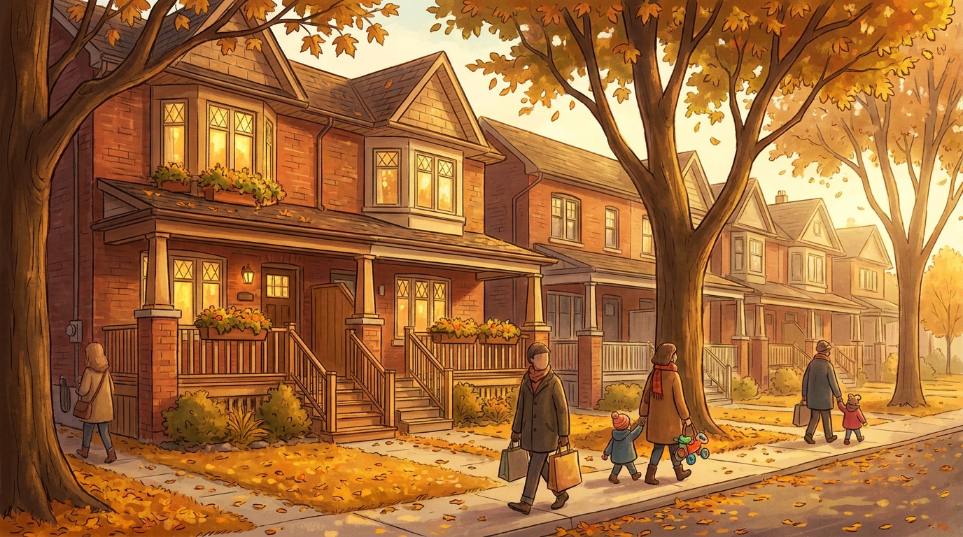 Family-friendly detached and semi-detached homes on a tree-lined east-end Toronto street in autumn - Upsizing from a condo
