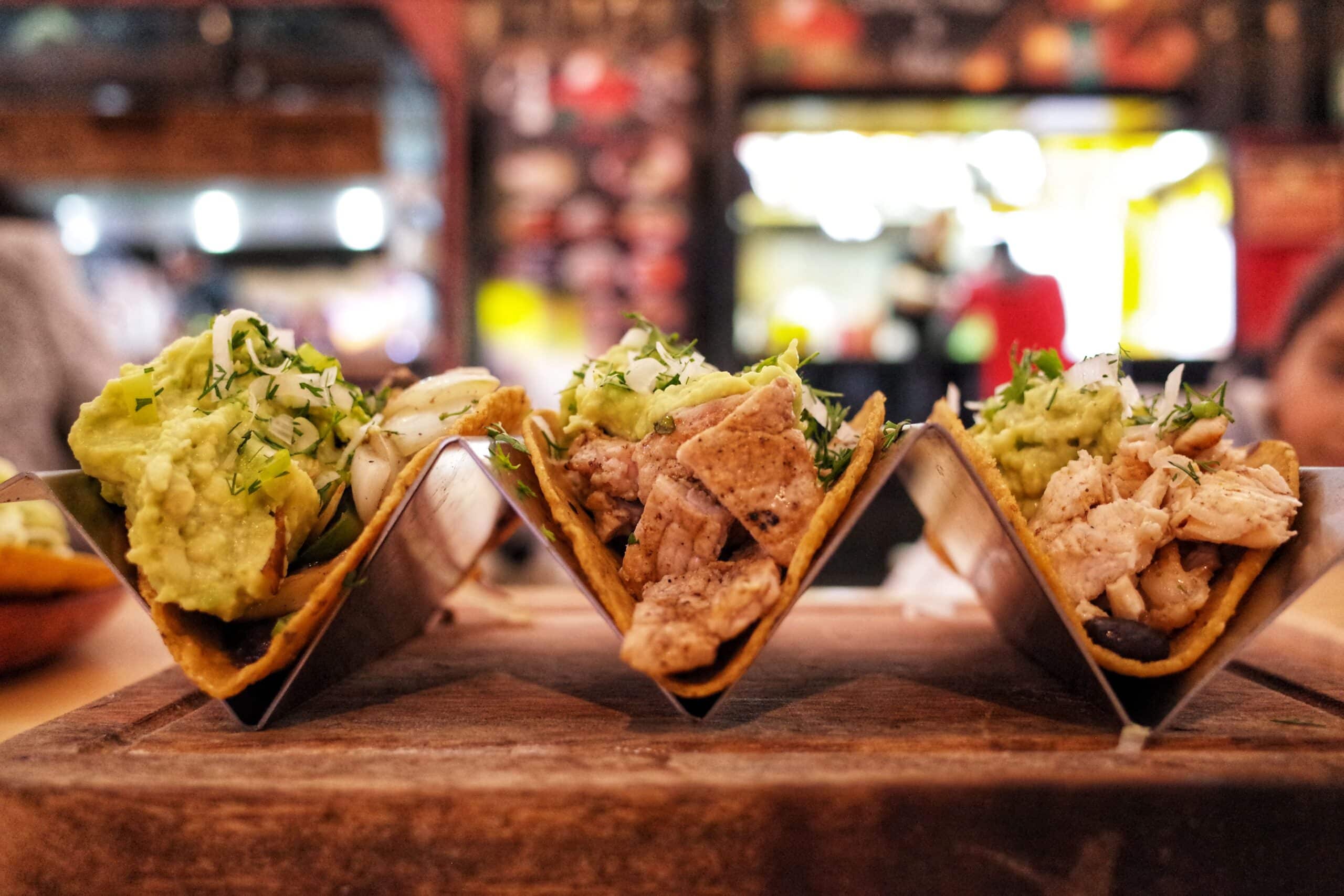 Mexican tacos on a restaurant bar,