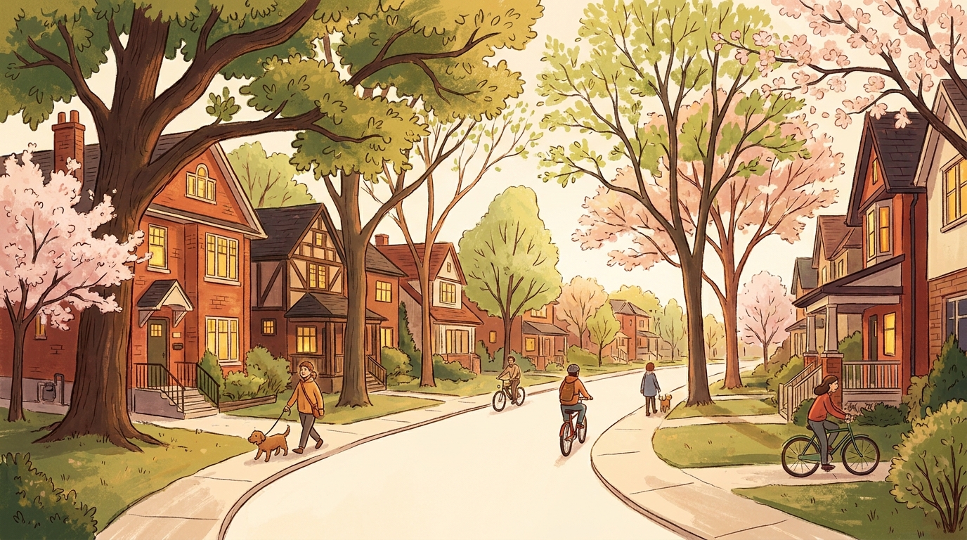 Tree-lined residential street with gracious detached family homes in a leafy Toronto enclave - Moore Park vs Hogg's Hollow