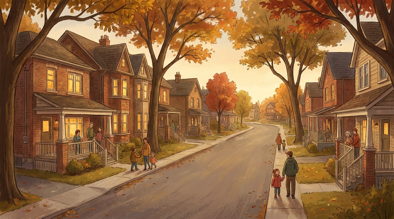 Tree-lined residential street of brick semi-detached and detached homes in Regal Heights, Toronto. Regal Heights family homes