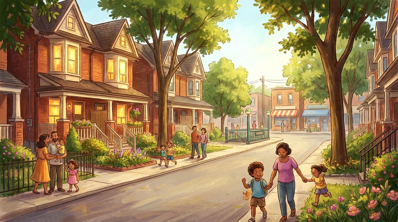 Edwardian semi-detached family homes on a tree-lined Danforth Greektown family neighbourhood.