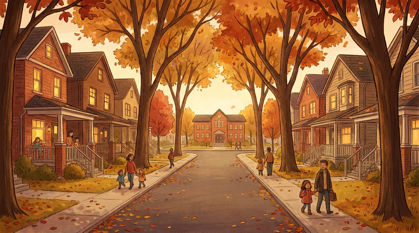 Tree-lined Toronto residential street with family homes near a neighbourhood school. Toronto school boundary review.