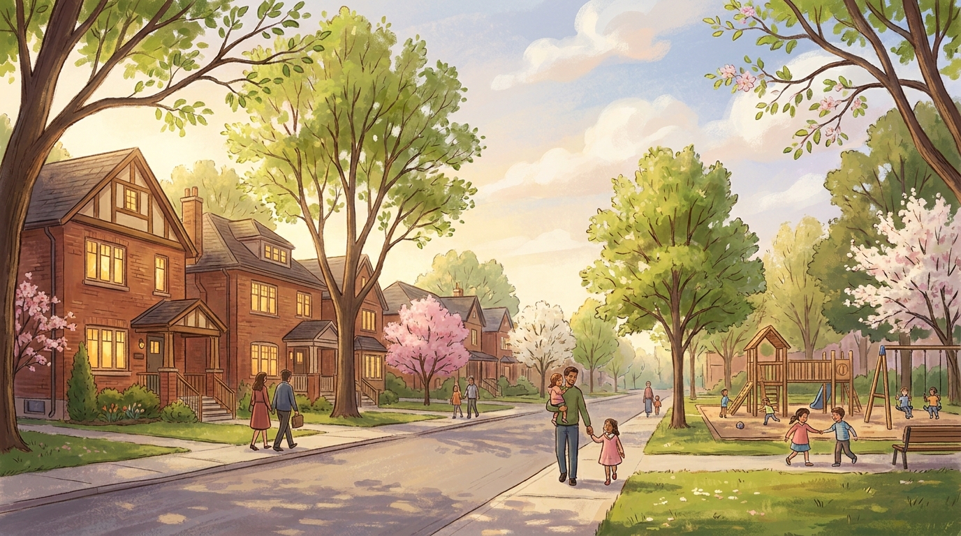 Tree-lined residential street of family homes in the Leaside neighbourhood of Toronto. Leaside Toronto family neighbourhood.