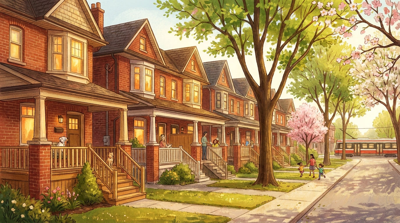 Detached family homes on a tree-lined east-end Toronto street during autumn. Toronto Fall Real Estate Market In 2026