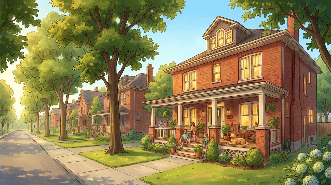 Detached brick family home on a tree-lined east-end Toronto street with a front porch. Toronto property tax.
