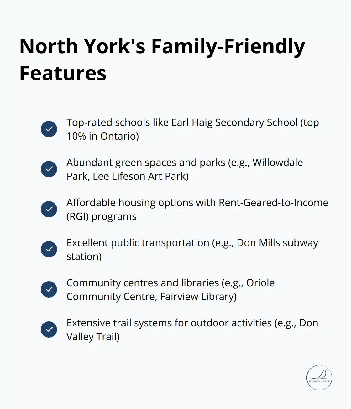 Underrated Toronto Neighbourhoods Families Love 2 Checkmark list chart highlighting key features and amenities of North York's family-friendly neighbourhoods.